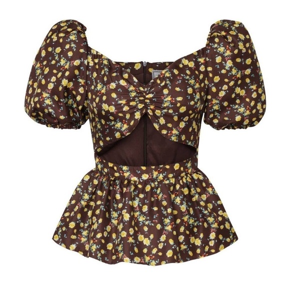 Autumn Adeigbo Tops - NWOT Autumn Adeigbo Bridgette Puff Sleeve Cut-Out Top Brown Yellow Floral